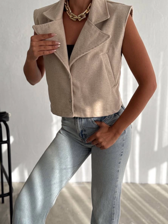 Önü çıtçıtlı cepli kaşe yelek bej f2253 Önü çıtçıtlı cepli kaşe yelek bej f2253