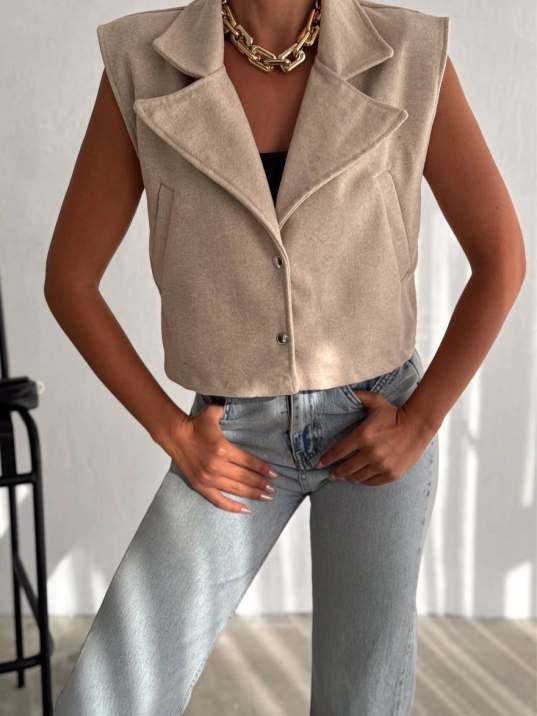 Önü çıtçıtlı cepli kaşe yelek bej f2253 Önü çıtçıtlı cepli kaşe yelek bej f2253