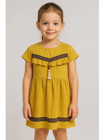 Önü püsküllü boncuk detaylı kız çocuk elbisesi hardal Önü püsküllü boncuk detaylı kız çocuk elbisesi hardal