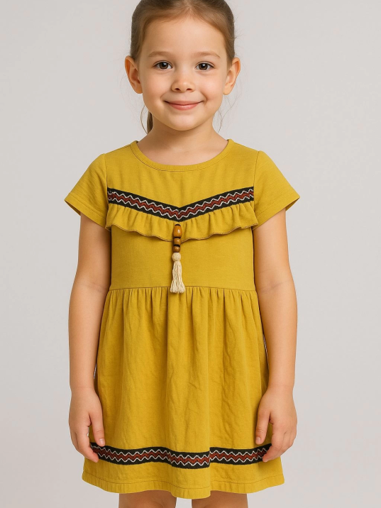 Önü püsküllü boncuk detaylı kız çocuk elbisesi hardal Önü püsküllü boncuk detaylı kız çocuk elbisesi hardal