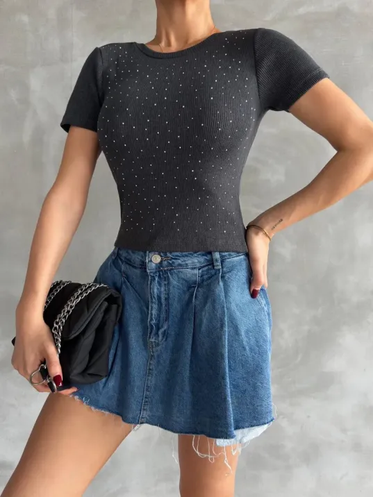 Önü Taşlı Antrasit Bluz S3512