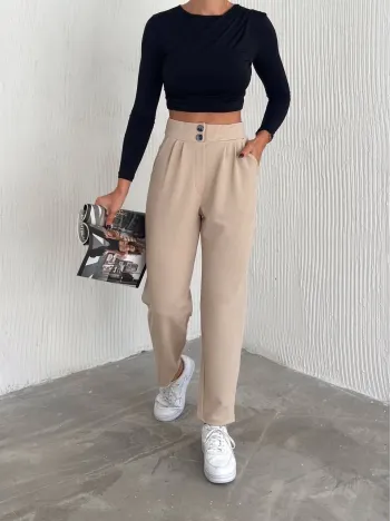 Örme Krep Pantolon Çift Düğmeli