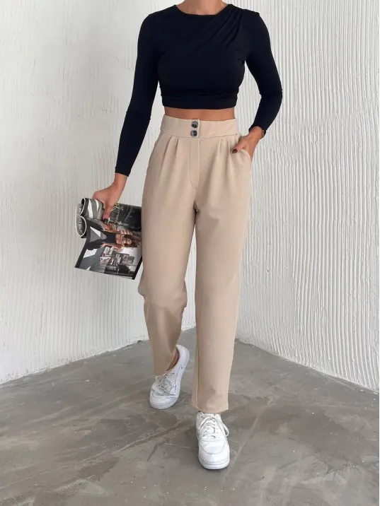 Örme Krep Pantolon Çift Düğmeli