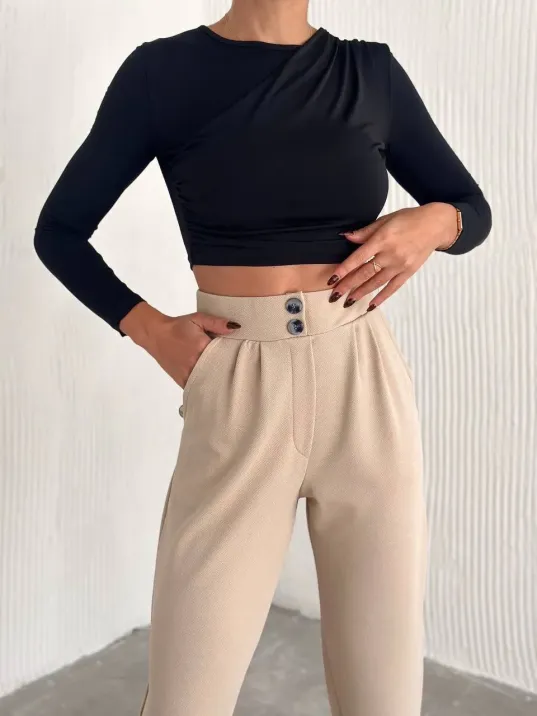 Örme Krep Pantolon Çift Düğmeli