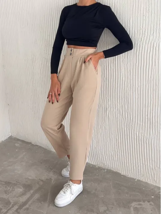 Örme Krep Pantolon Çift Düğmeli