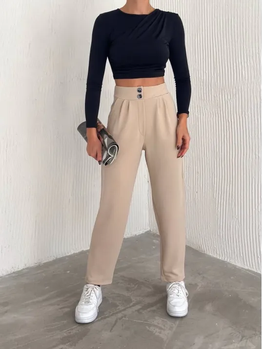 Örme Krep Pantolon Çift Düğmeli