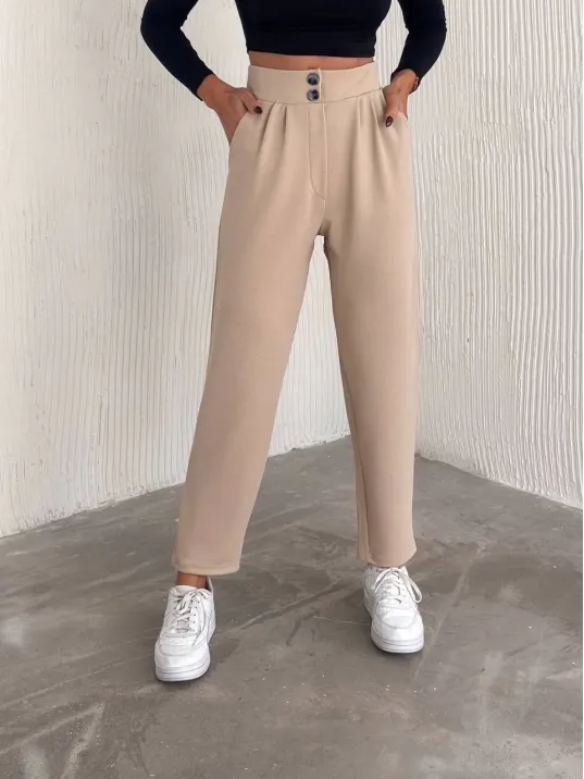Örme Krep Pantolon Çift Düğmeli