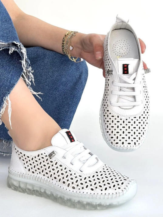 Otja Beyaz Deri Lazerli Bağcıklı Spor Ayakkabı