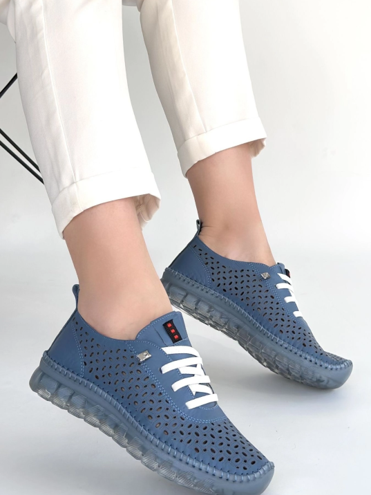 Otja Mavi Deri Lazerli Bağcıklı Spor Ayakkabı