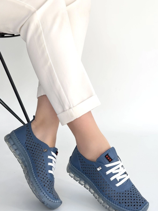 Otja Mavi Deri Lazerli Bağcıklı Spor Ayakkabı