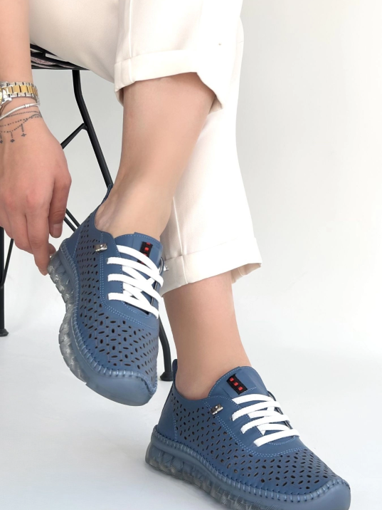 Otja Mavi Deri Lazerli Bağcıklı Spor Ayakkabı