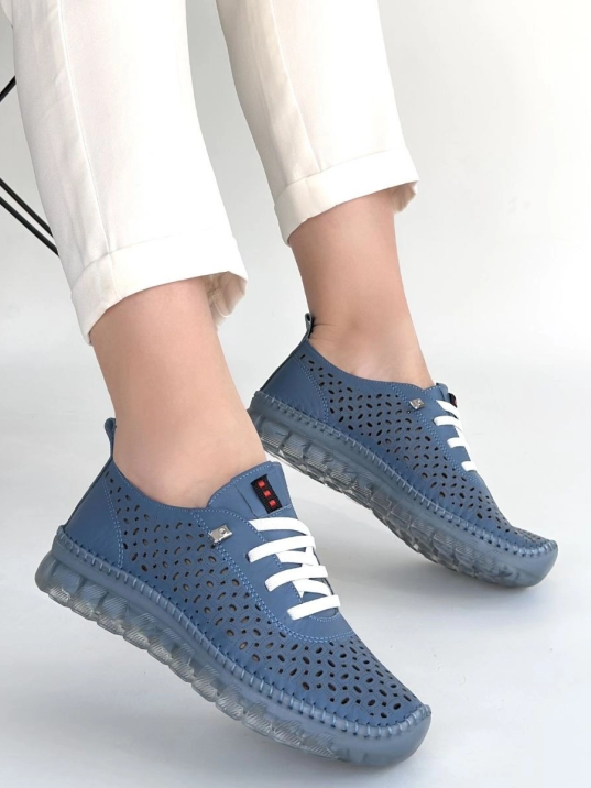 Otja Mavi Deri Lazerli Bağcıklı Spor Ayakkabı