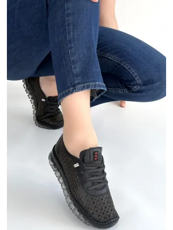 Otja Siyah Deri Lazerli Bağcıklı Spor Ayakkabı
