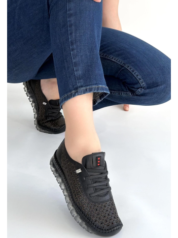 Otja Siyah Deri Lazerli Bağcıklı Spor Ayakkabı