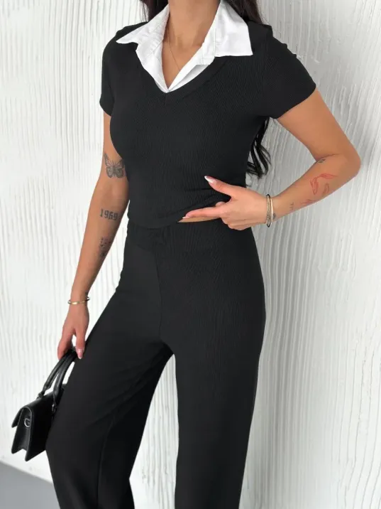 Ottoman Kumaş Beyaz Gömlek Yaka Takım S4142