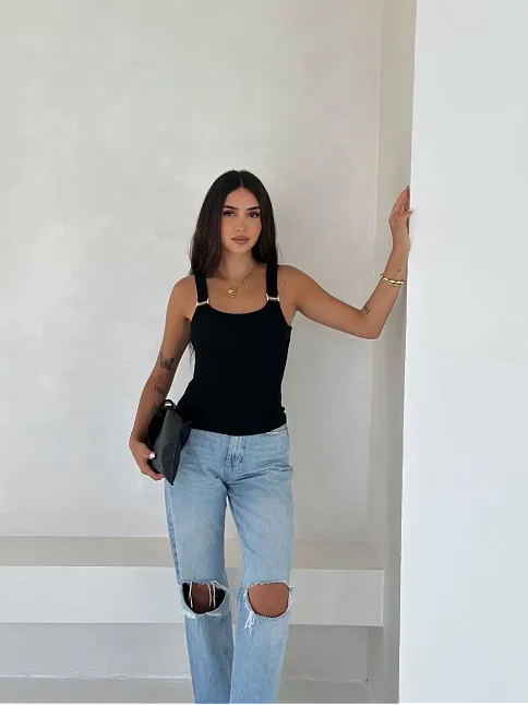 Ottoman Toka Askılı Bluz Siyah S4194