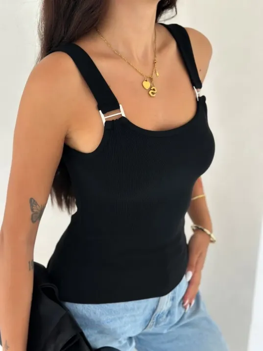 Ottoman Toka Askılı Bluz Siyah S4194