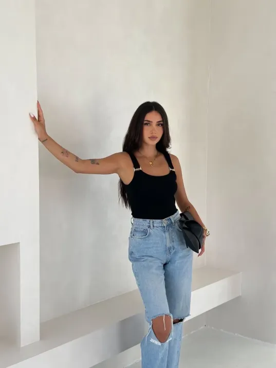 Ottoman Toka Askılı Bluz Siyah S4194