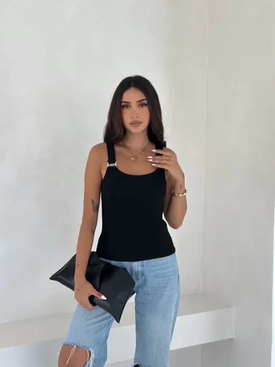 Ottoman Toka Askılı Bluz Siyah S4194