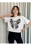 Oversize Beyaz Baskılı Crop Tişört