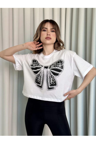 Oversize Beyaz baskılı crop tişört