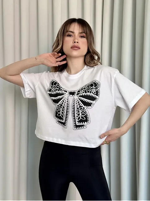 Oversize Beyaz Baskılı Crop Tişört