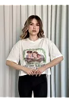 Oversize Beyaz Baskılı Crop Tişört
