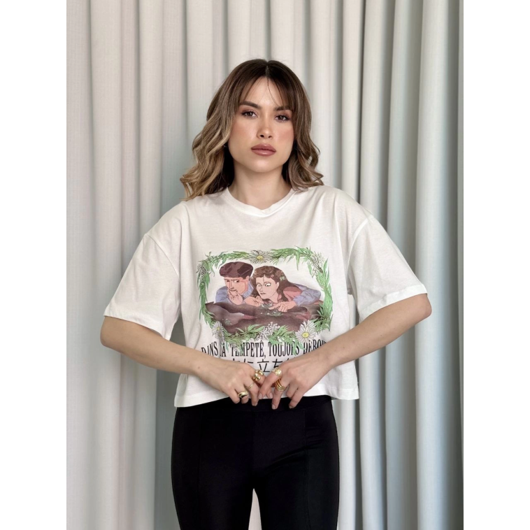 Oversize Beyaz baskılı crop tişört Oversize Beyaz baskılı crop tişört