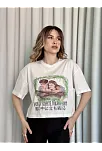 Oversize Beyaz Baskılı Crop Tişört