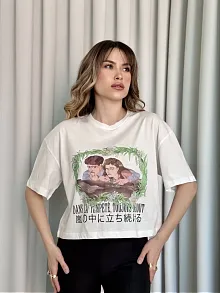 Oversize Beyaz Baskılı Crop Tişört