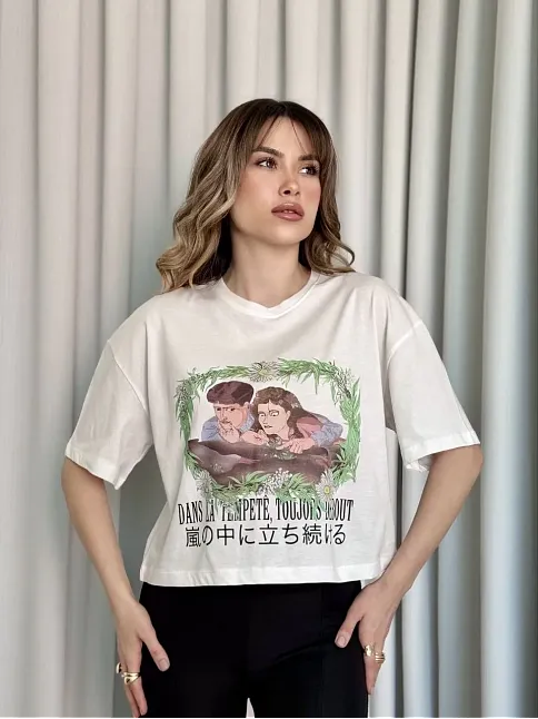Oversize Beyaz Baskılı Crop Tişört