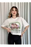 Oversize Beyaz Baskılı Crop Tişört