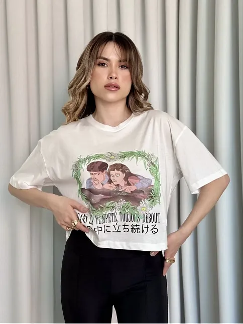 Oversize Beyaz Baskılı Crop Tişört