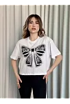 Oversize Beyaz Baskılı Crop Tişört