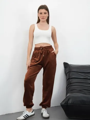 Paça Lastikli Kadife Eşofman Kahve Md34