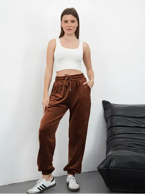 Paça Lastikli Kadife Eşofman Kahve Md34