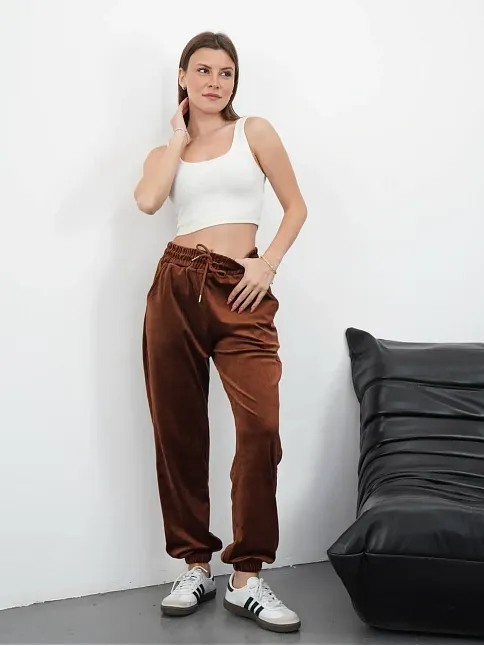 Paça Lastikli Kadife Eşofman Kahve Md34