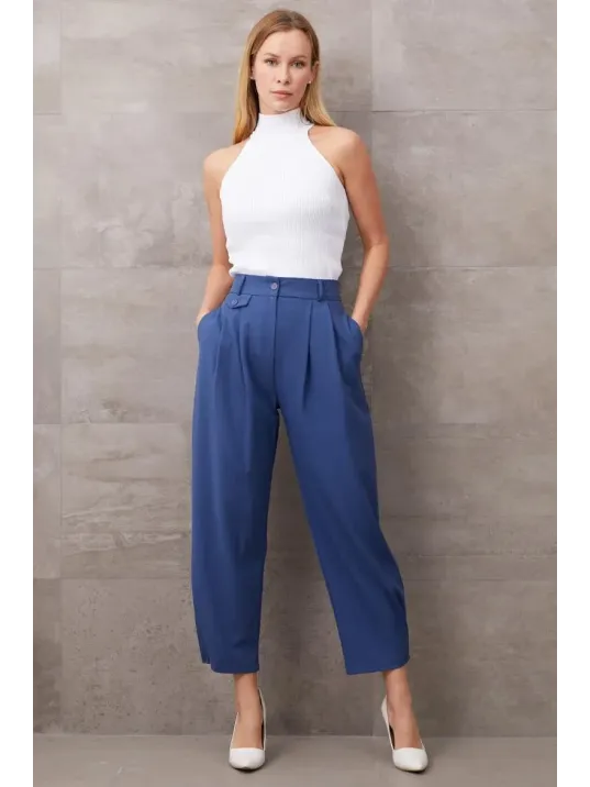Paçası Düğmeli Yüksek Bel Pantolon