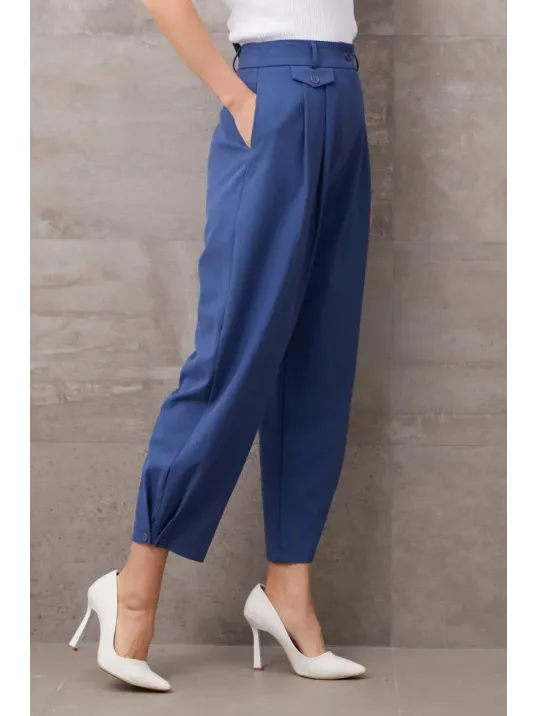 Paçası Düğmeli Yüksek Bel Pantolon