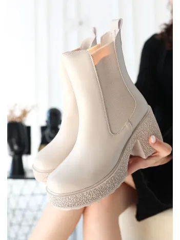 Paigo Bej Cilt Topuklu Bot