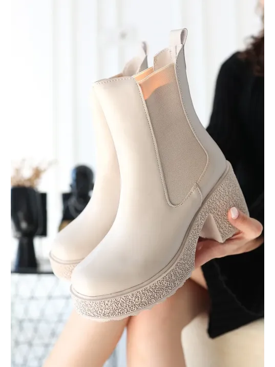 Paigo Bej Cilt Topuklu Bot Paigo Bej Cilt Topuklu Bot