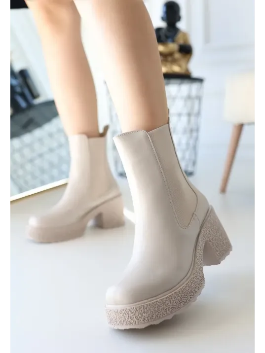 Paigo Bej Cilt Topuklu Bot Paigo Bej Cilt Topuklu Bot