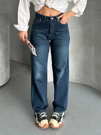 Palazzo Bıyık Enzim Yıkama Jeans Pantolon Koyu Mavi D2008