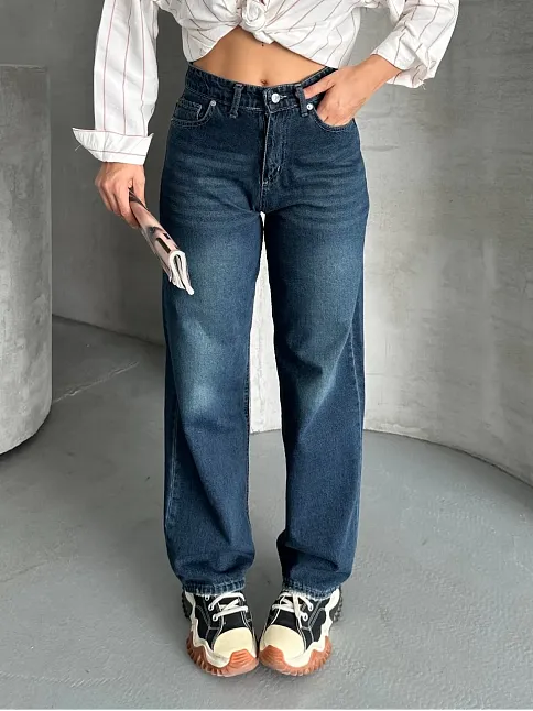 Palazzo Bıyık Enzim Yıkama Jeans Pantolon Koyu Mavi D2008