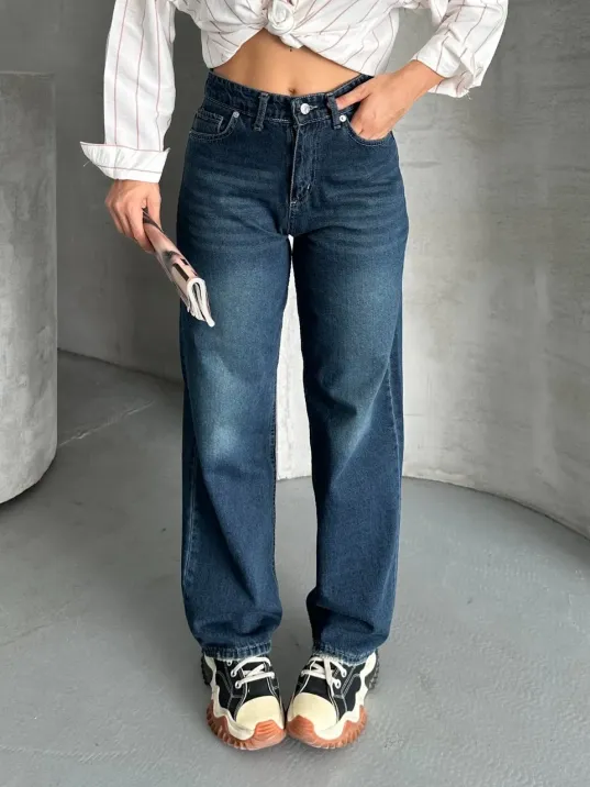 Palazzo Bıyık Enzim Yıkama Jeans Pantolon Koyu Mavi D2008