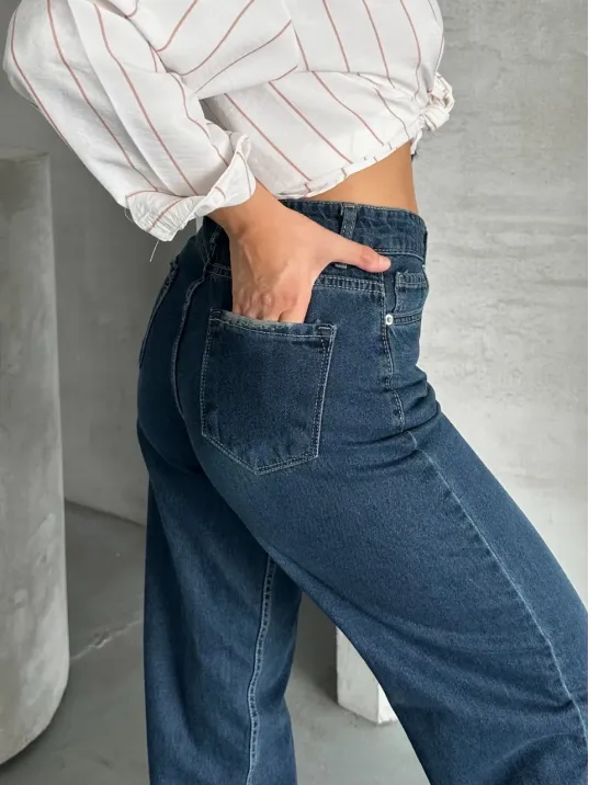 Palazzo Bıyık Enzim Yıkama Jeans Pantolon Koyu Mavi D2008