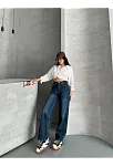 Palazzo Bıyık Enzim Yıkama Jeans Pantolon Koyu Mavi D2008