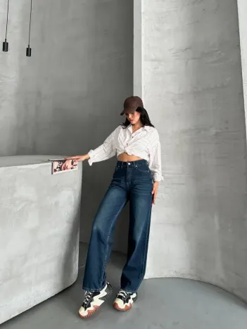 Palazzo Bıyık Enzim Yıkama Jeans Pantolon Koyu Mavi D2008 Palazzo Bıyık Enzim Yıkama Jeans Pantolon Koyu Mavi D2008