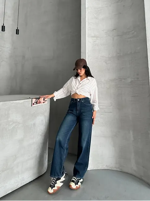 Palazzo Bıyık Enzim Yıkama Jeans Pantolon Koyu Mavi D2008