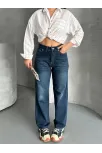 Palazzo Bıyık Enzim Yıkama Jeans Pantolon Koyu Mavi D2008
